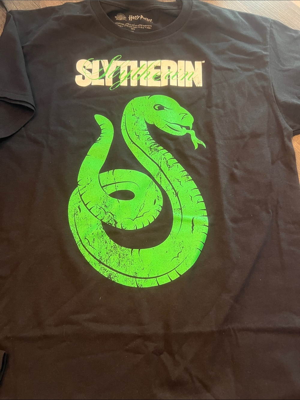 Harry Potter Warner Bros. Black Tee with Bright Green Slytherin Snake